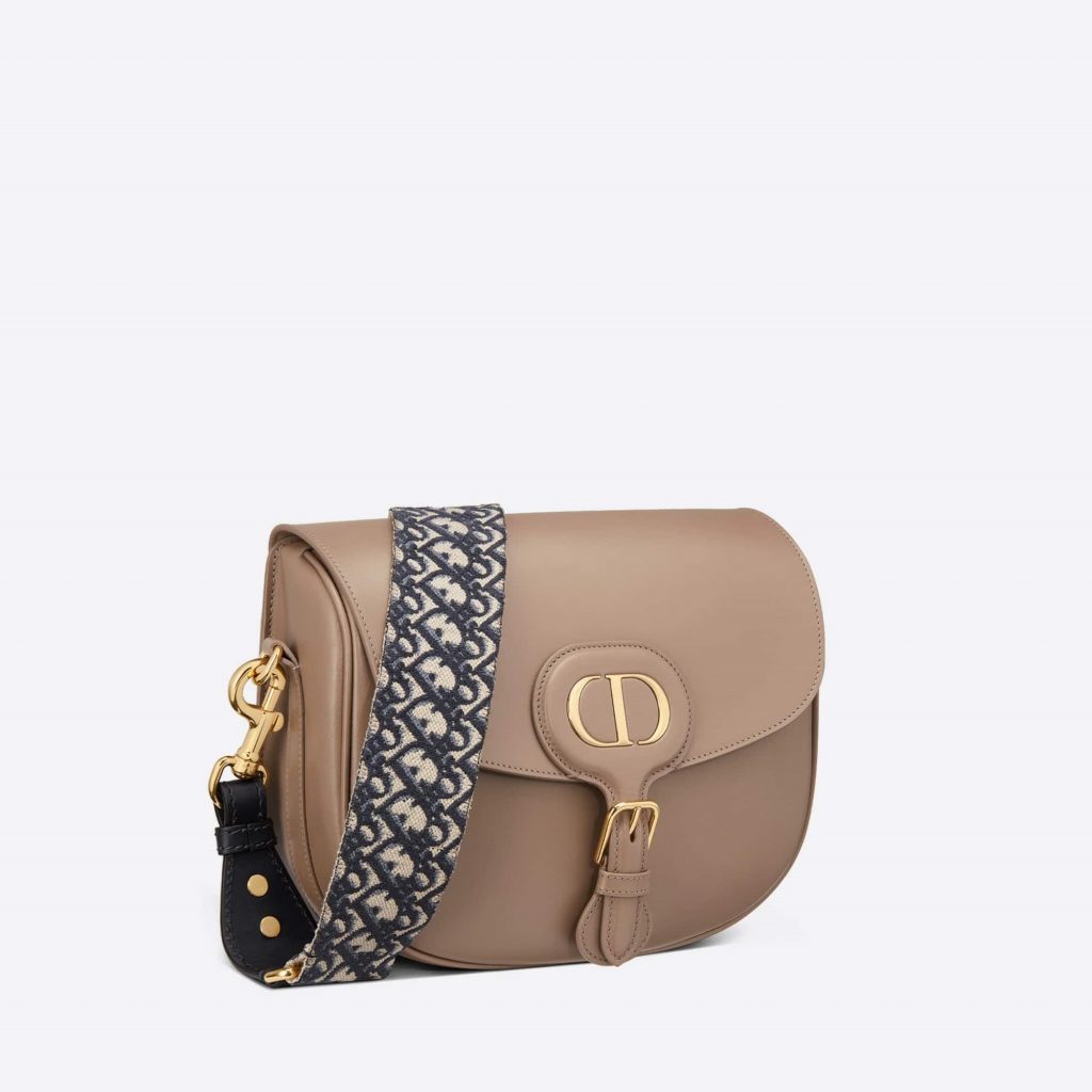 Large Dior Bobby Bag in Warm Taupe Calfskin with Blue Oblique Embroidered Strap