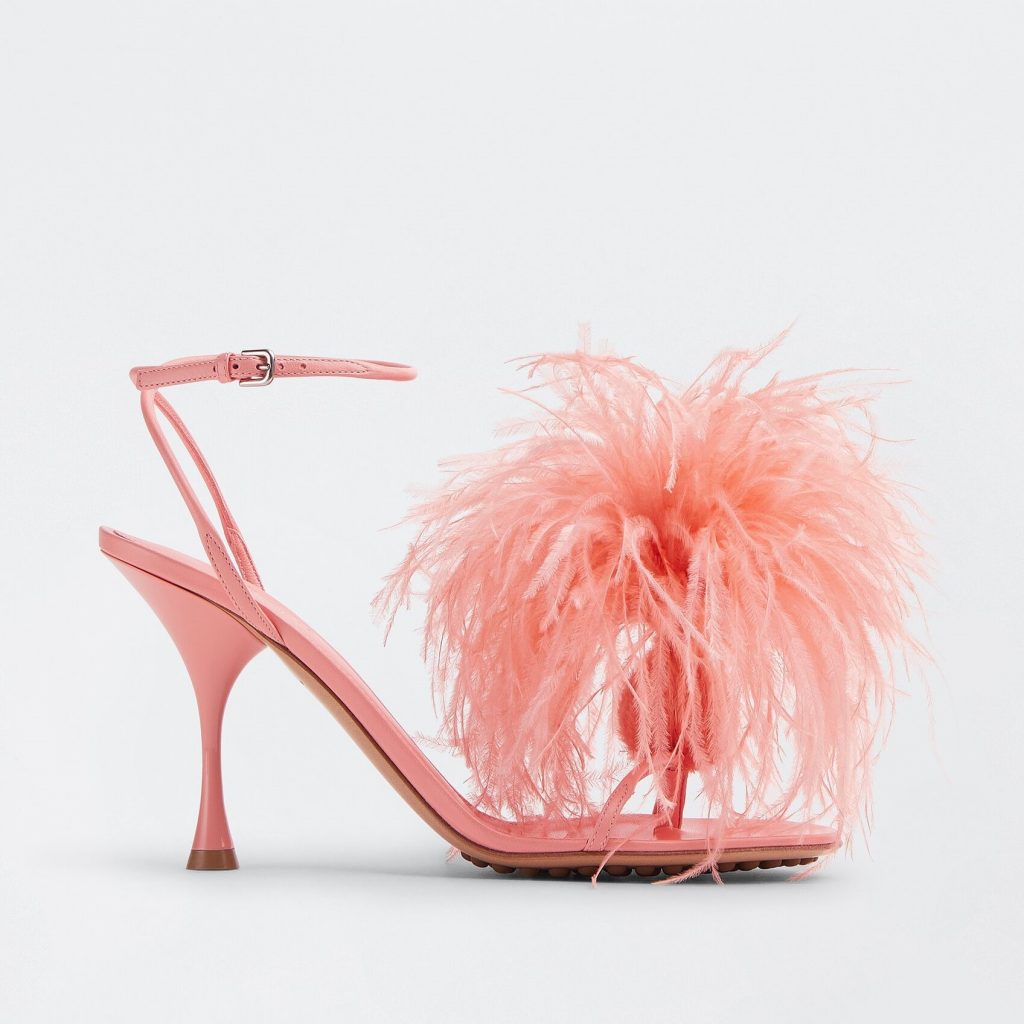 Bottega Veneta Leather and Ostrich Feather Sandals in Flamingo