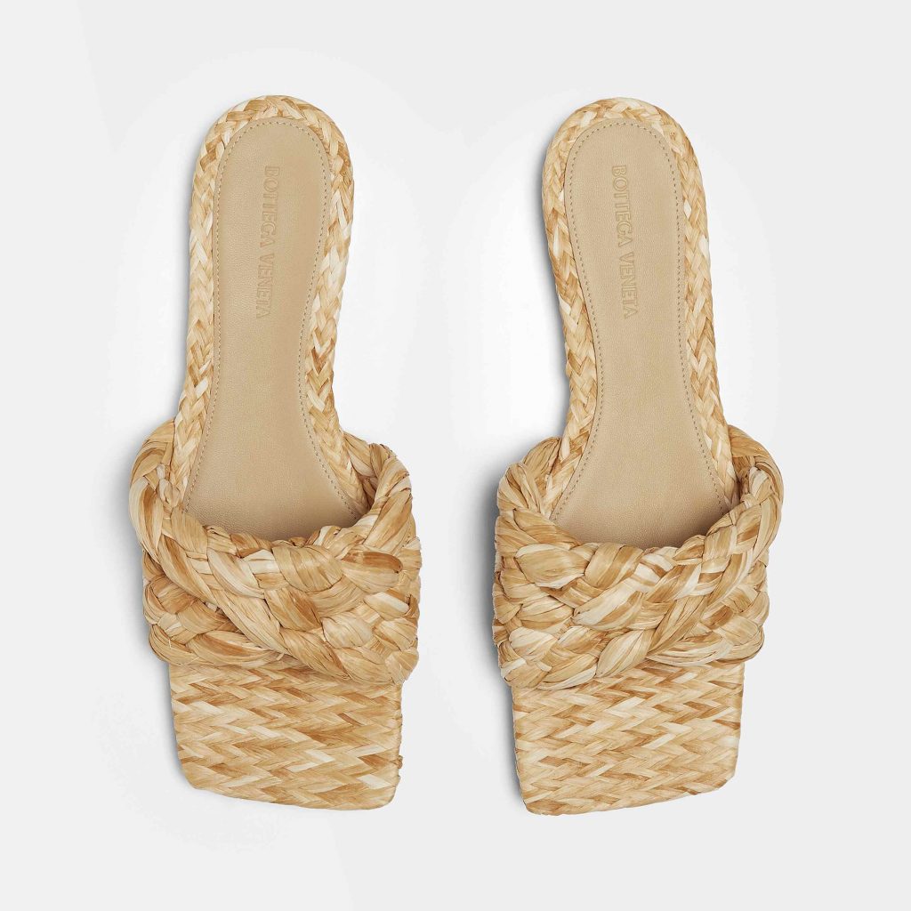 Bottega Veneta Stretch Twisted Intreccio Raffia Flat Sandals in Macadamia