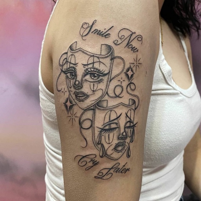 laugh now cry later tattoo for girls