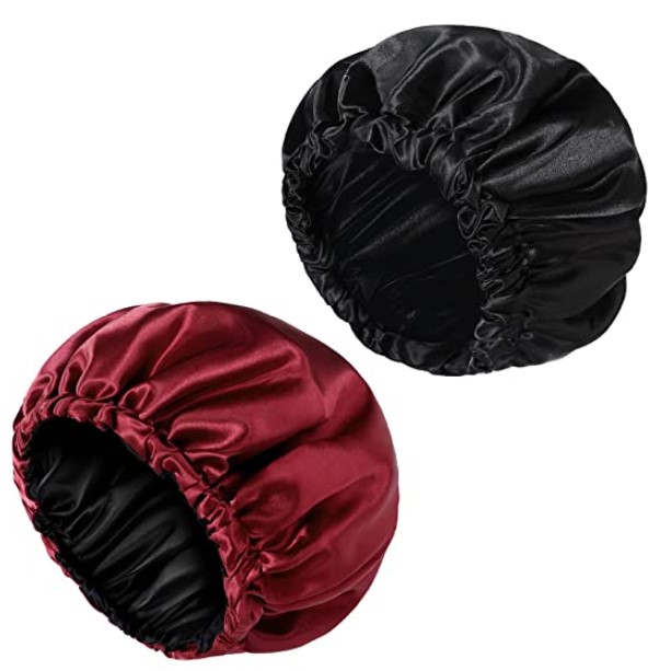 Hetiancha 2 Pieces Satin Bonnet Adjustable Sleep Cap for Women Girls Reversible Double Layer Large Sleep Cap (Black,Wine Red)