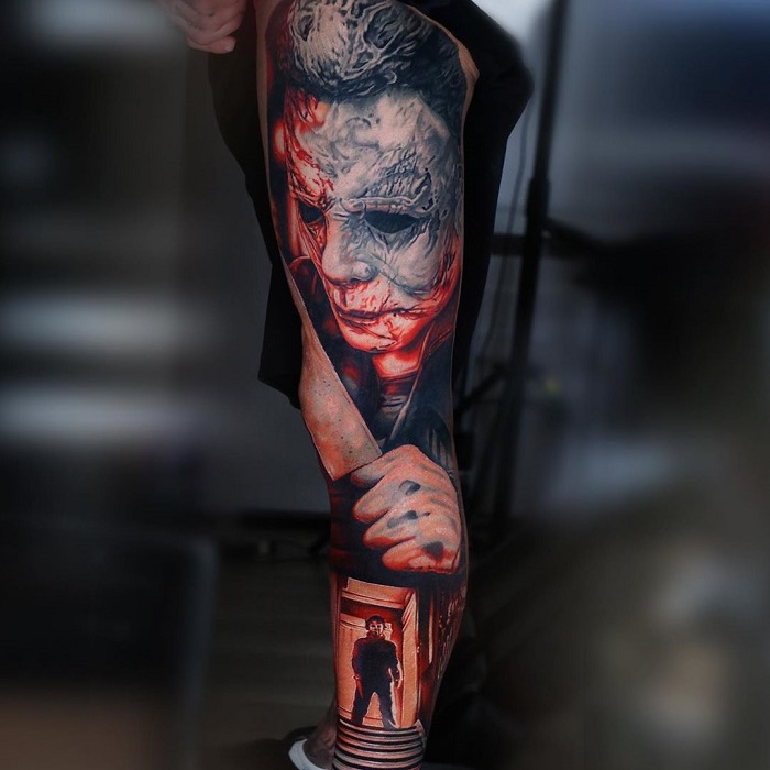 Larry Allen  Had an absolute blast tattooing this scream  michaelmyers  piece for Reagan More to come on this larger project including more  villains  stabby things halloween screammovie halloweentattoo  horrormovie 