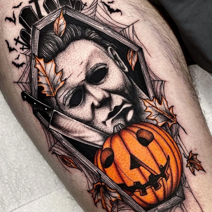 Sanctum Designs Tattoo Theatre  First session on this adorable baby Michael  Myers serial killer on JP Theron from today as part of my halloween  special Bring your favourite halloween character design