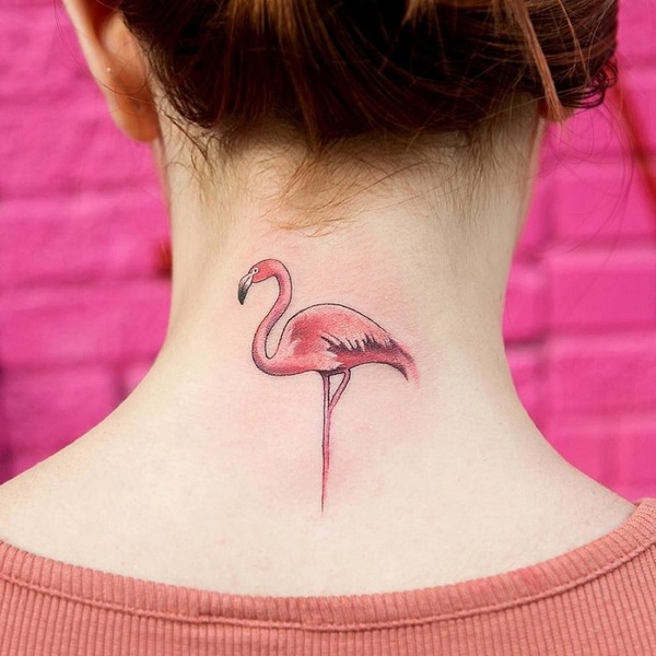 New school style flamingo tattoo on the right thigh