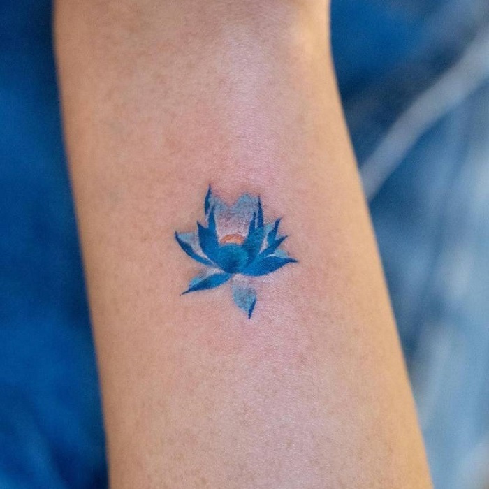 Dark Blue Lotus Tattoo On Shoulder