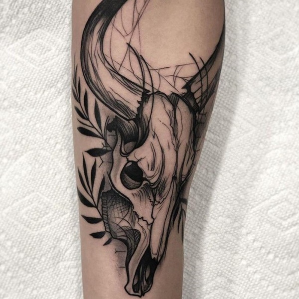 Grey Ink Taurus Skull Tattoo On Upper Back