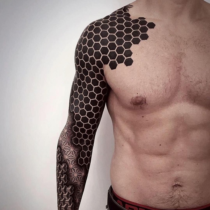 geometric pointillism dot mandala tattoo sleeve 3d honeycomb tribal |  Mareva Lady Tattooer