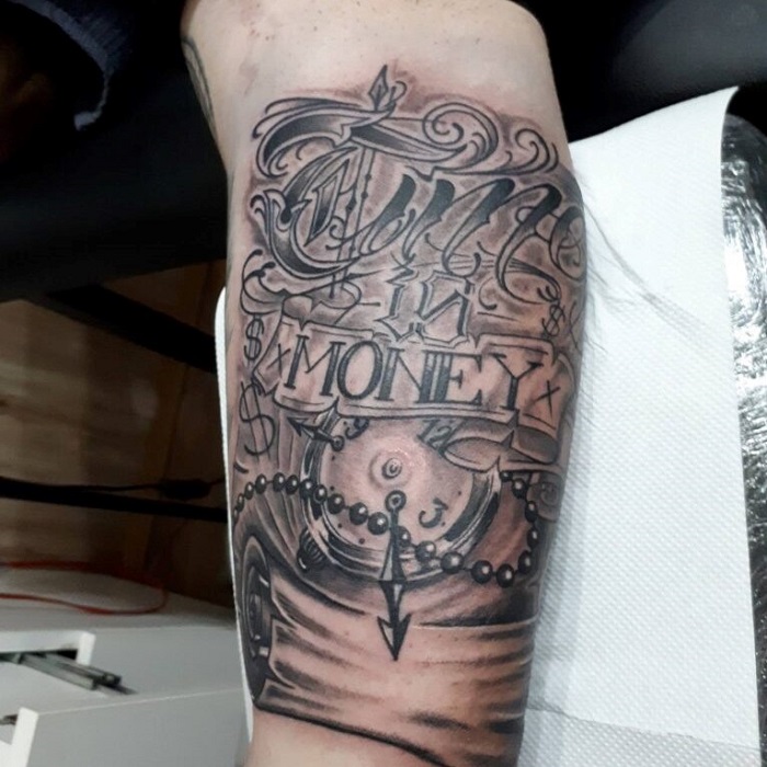 Awesome Time Is Money Tattoo On Leg